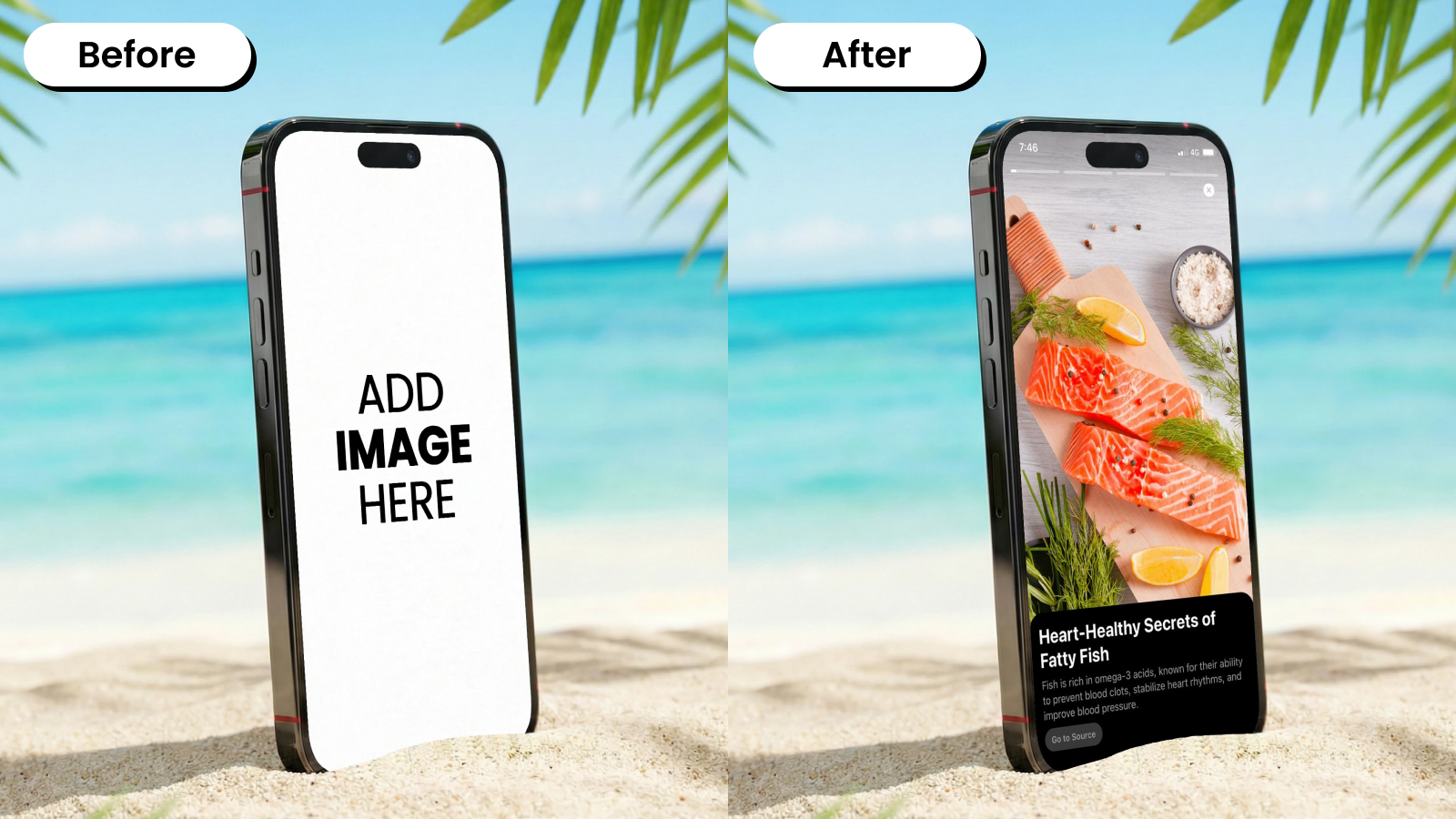 Before and after of an iPhone mockup template vertically placed in an outdoor beach setting